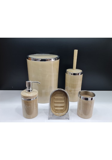 Akrilik Yuvarlak Banyo Seti Krem Mermer Gümüş Kromaj 5'Li Krem