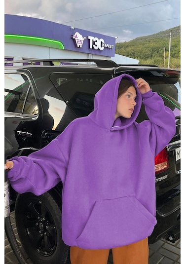 Madmext Mor Kapüşonlu Oversize Şardonlu Sweatshirt Mg1566 Mor