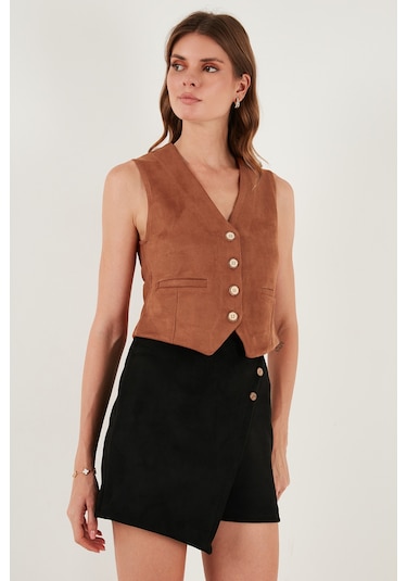 Lela Fitted Scuba Süet V Yaka Düğmeli Bayan Yelek 5865576 Kiremit