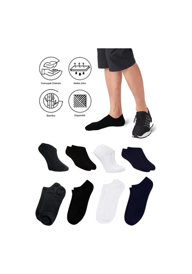 Bambu Erkek Sneaker Siyah-beyaz-laci-füme Çorap Dikişsiz Görünmez Bilekte Spor Çorap Premium 4'lü Çok Renkli