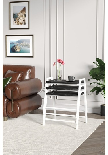 Zigon Sehpa , Aden 3'lü Tepsi Zigon Sehpa Takımı Beyaz Metal - Siyah Mermer Tabla Beyaz-siyah Mermer