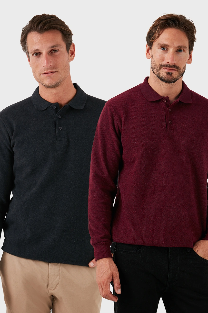 Buratti Pamuk Karışımlı Regular Fit 2'Li Paket Erkek Polo Yaka Kazak 456223S2 Antrasit-Mürdüm