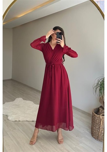 Neşeli Butik Kadın Uzun Kollu Kuşaklı Maxi Şifon Elbise Nm001 Bordo