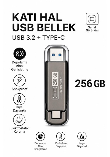 256 Gb Katı Hal Usb Bellek Usb 3.2 + Type-c Çift Girişli Taşınabilir Flash Bellek Telefonda Bilgisayara Aktarma Yüksek Hızlı Dayanıklı Ve Çok Korumalı Ssd Korumalı Darbeye Dayanıklı Anti Manyetik Gri