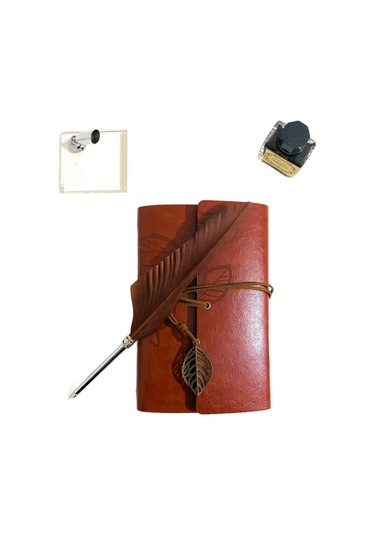 Kişiye Özel Kutulu Divit Kalem Ve Deri Kaplı Anı Defteri Kahverengi