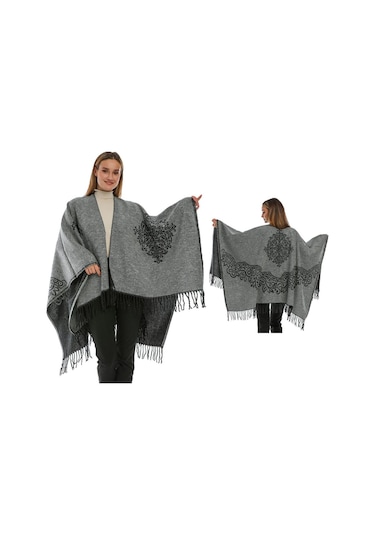 Lavinya Güneş Desen Kadın Kışlık Çift Taraflı Panço Omuz Şalı