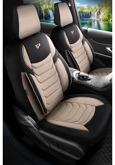 Bej - Siyah Panda Manavgat Serısı Lakos Kumaş Oto Koltuk Kılıfı - Tam Set
