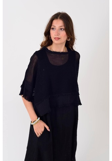 İtalyan Saçak Detaylı Müslin Keteni Yırtmaçlı Elbise - Bluz & 2'li Takım Mürdüm