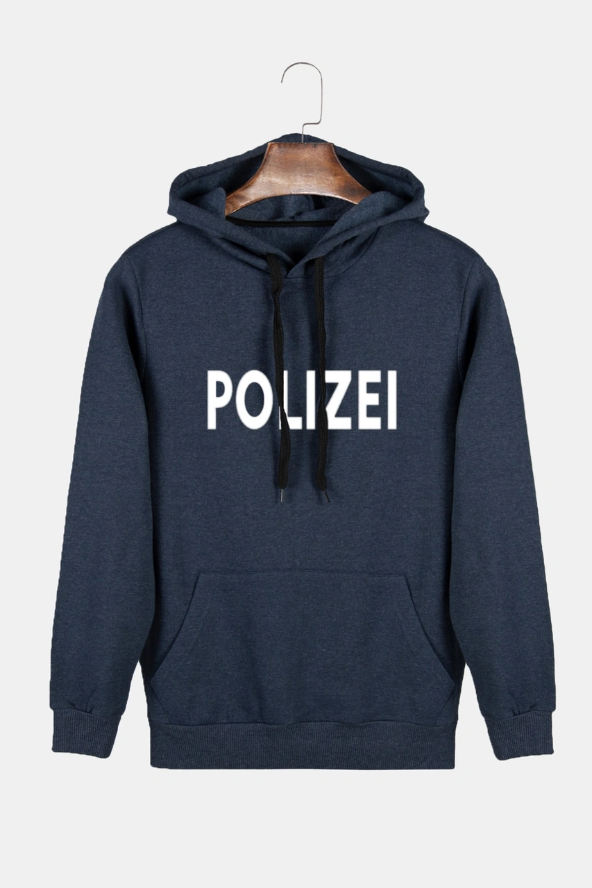 Unisex Indigo Kapüşonlu Polizei Baskılı Slim Fit Kanguru Cepli Sweatshirt İndigo