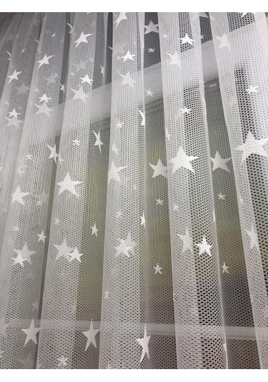 Tül Perde Çocuk Odası Irili Ufaklı Yıldız Desen Örme Kumaş Ekru