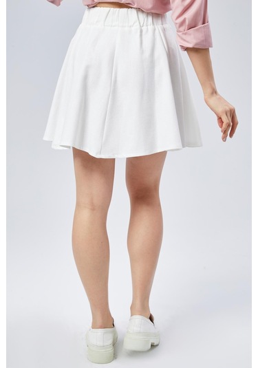 Nurören Flamlı Keten Parçalı Kısa Kloş Kadın Etek-beyaz-02 Beyaz