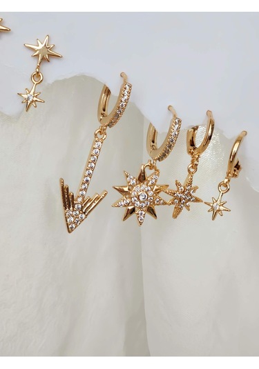 6'lı Ok Yıldız Kutup Yıldızı Altın Kaplama Gold Küpe Seti Gold