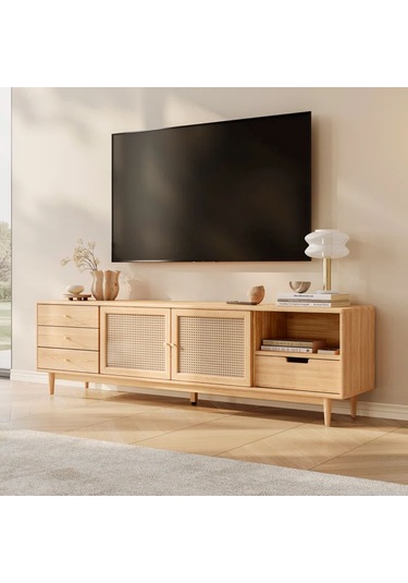 Ahşap Rattan Kapak Detaylı Modern Tv Ünitesi Natürel