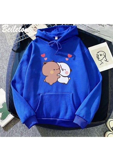 Koyu Mavi Kawaii Hoodie Panda Ayı Karikatür Bubu Dudu Baskı Kız Büyük Boy Kazak İlkbahar/sonbahar Açık Mavi Uzun Kollu Cep Tops Koyu Mavi