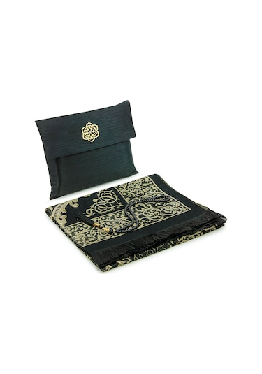 Hediyelik Şantuk Çantalı, Tesbihli, Çeyizlik Seccade Seti - Siyah Siyah