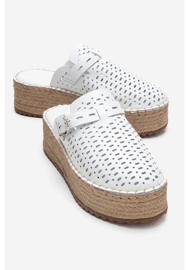 Luvishoes Louıs Beyaz Cilt Hakiki Deri Burnu Kapalı Hasır Dolgu Taban Terlik Beyaz