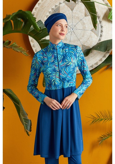 Yarım Fermuarlı Likralı Tam Kapalı Tesettür Mayo 3115 Açık Lacivert Açık Lacivert