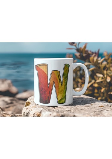 W Harf Yaprak Renkleri İle Kupa Bardak - Kişiye Özel Alfabe Harfli Bardak - Hediye Beyaz