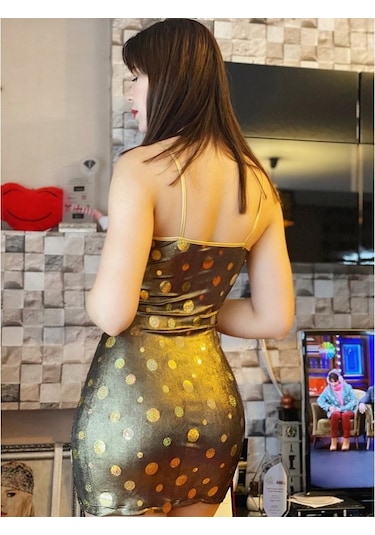 Ip Askılı Kruvaze Parlak Elbise Gri