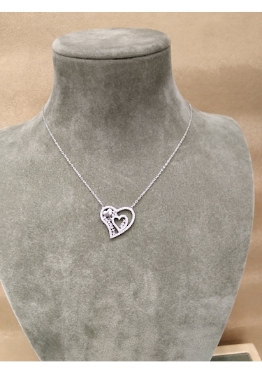 925 Ayar Gümüş Kalp Modelli Taşlı Kolye Gümüş