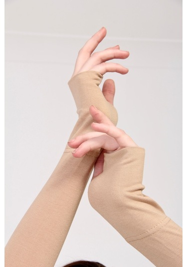 Parmak Geçmeli 45cm Likralı Penye Kolluk 1 Çift Bej