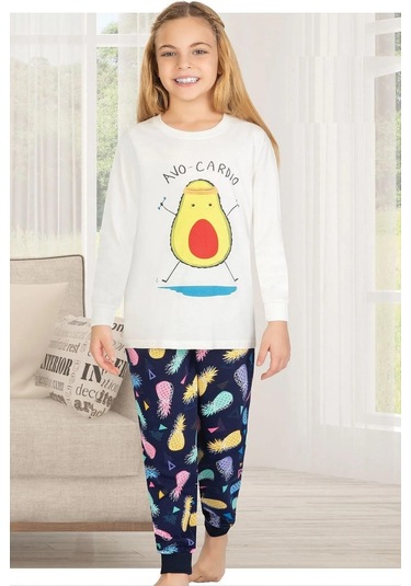 Avakado Uzun Kollu Kız Çocuk Pijama Takım Beyaz