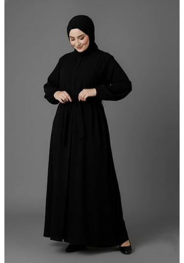 Medine İpeği Mevlana Kesim Cepli Kuşaklı Bol Büyük Beden Ferace Siyah