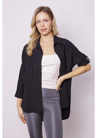 Kadın Keten Görünümlü Kolu Katlanabilir Rahat Kesim Uzun Tunik Gömlek-siyah Siyah