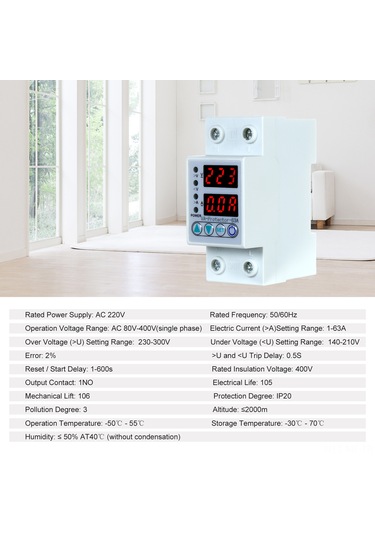 Mufunye 63a Akıllı Akım-voltaj Koruyucu, Led Ekranlı, Otomatik Yeniden Başlatma, Ev Ve Endüstriyel Kullanim