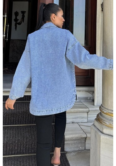 Mavi Oversize Kot Cepli Düğmeli Ceket Gömlek Açık Mavi