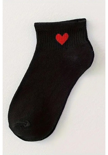 Kadın 8 Çift Pamuklu Günlük Kullanım İçin Kalp Desenli Kısa Patik Çorap Siyah Siyah