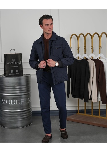 Modefendi Slim Fit Baklava Desen Torba Cep Dolum Elyaf Mont Lacivert
