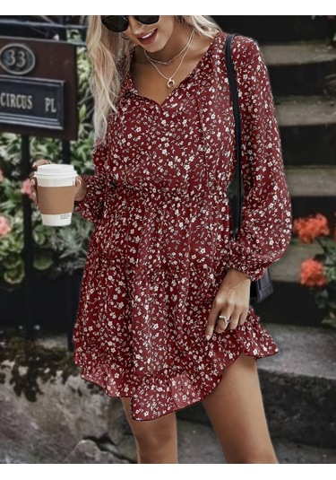 Stilaura Kadın Uzun Kollu V Yaka Bağcıklı Belden Gipeli Çiçek Baskılı Kısa Süprem Elbise Bordo