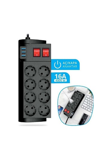 8'li Priz 4000watt Akım Korumalı Uzatma Kablosu / 2 Metre / 16a / Diğer
