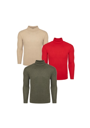 Ribac 3'lü Paket Erkek Boğazlı Balıkçı Triko Kazak Bej-bordo-haki Çok Renkli