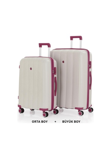 Mçs Bavul Büyük Ve Orta 2li Set Kırılmaz Silikon Valiz V305 Kemik/mürdüm Bej