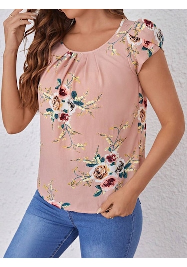 Modasize Kadın Kısa Kollu Bisiklet Yaka Çiçek Baskılı Süprem Bluz Pembe