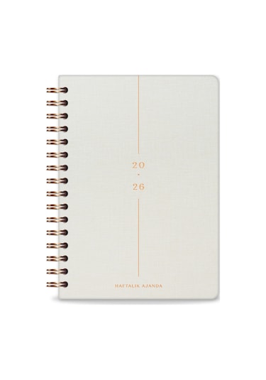 2026 A5 Spiralli Keten Haftalık Ajanda 12 Aylık - Krem Krem