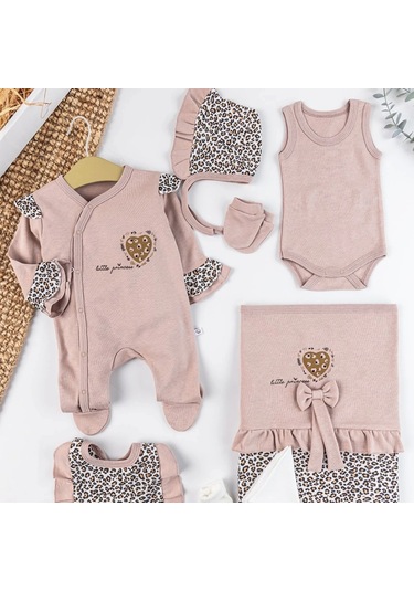 Leopar Desenli 100% Pamuk 8li Hastane Çıkış Seti Çok Renkli