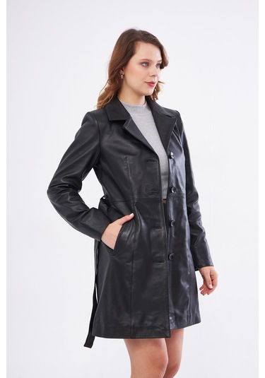 Derinss Dka2373 Hakiki Deri Kadın Siyah Pardesü 001