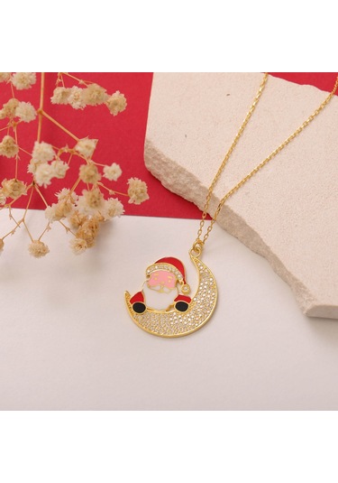 925 Ayar Gümüş Mineli Noel Baba Ve Ay Kolye Gold