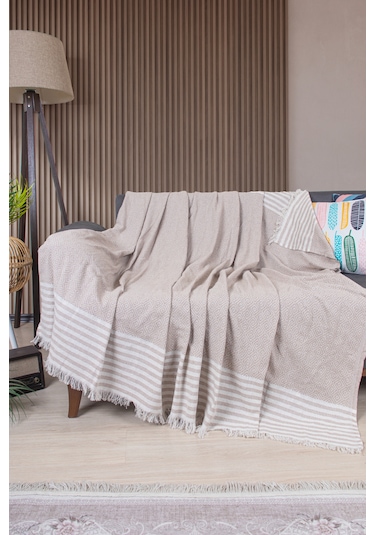 Pamuklu Püsküllü Elmas Desenli Koltuk Örtüsü 170x210 Cm Dekoratif Kanepe, Yatak Ve Tv Örtüsü Bej