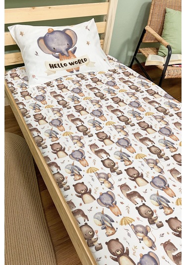 Organik Tek Kişilik Lastikli Çarşaf Seti - Sevimli Orman Arkadaşım Filminik Gezgin Renkli