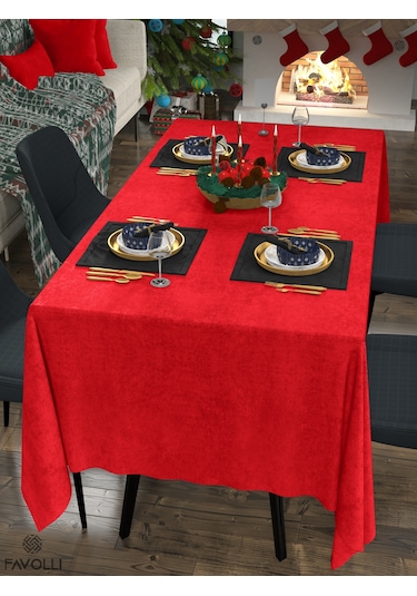 Kadife Dokulu Kırmızı Renk Masa Örtüsü Kırmızı