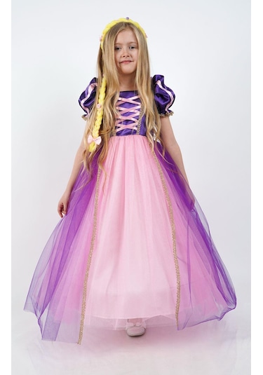 Rapunzel Prenses Kız Çocuk Parti Kostümü Doğum Günü Elbisesi Mor
