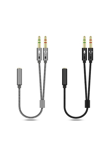 Hombey 25cm Gümüş Nylon Dokuma Ses Kablosu - İki 3.5mm Erkekden Tek 3.5mm Dişeye Çevirici