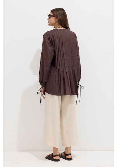 Nervür Detaylı Vual Tunik Kahverengi