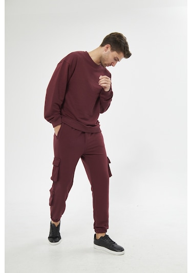 Unisex Bordo 3 Iplik Jogger Rahat Kalıp Kargo Cepli Eşofman Altı Bordo