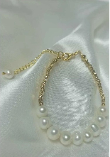 Dorika Detaylı Gerçek İnci 24k Altın Kaplama Bileklik Beyaz Tek E Gold