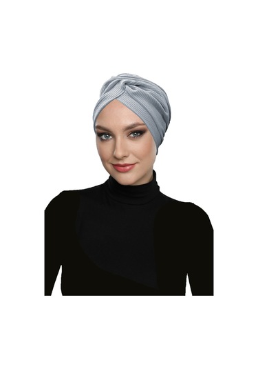 Çapraz Fitilli Penye Açık Gri Hazır Türban Tesettür Havuz Bonesi Açık Gri